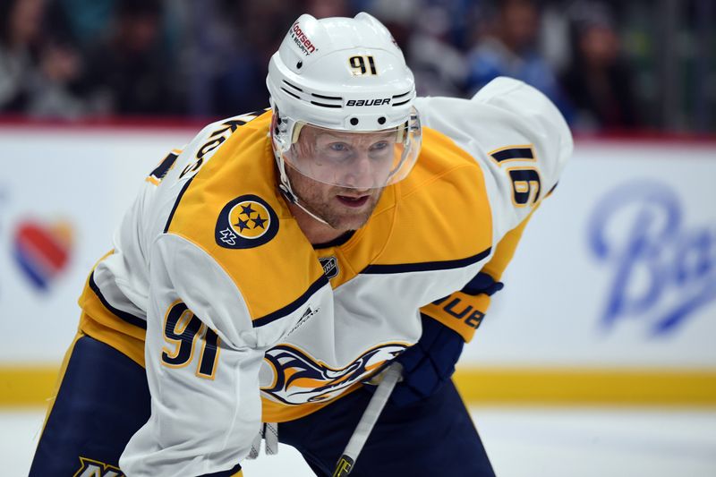 Nov 11, 2024; Denver, Colorado, USA; Nashville Predators center Steven Stamkos (91) waits for a face off during the first period against the Colorado Avalanche at Ball Arena. Mandatory Credit: Christopher Hanewinckel-Imagn Images