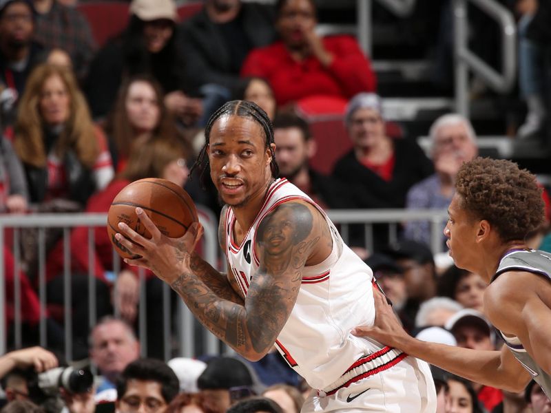 CHICAGO, IL - MARCH 15: DeMar DeRozan #11 of the Chicago Bulls handles the ball during the game against the Sacramento Kings on March 15, 2023 at United Center in Chicago, Illinois. NOTE TO USER: User expressly acknowledges and agrees that, by downloading and or using this photograph, User is consenting to the terms and conditions of the Getty Images License Agreement. Mandatory Copyright Notice: Copyright 2023 NBAE (Photo by Gary Dineen/NBAE via Getty Images)