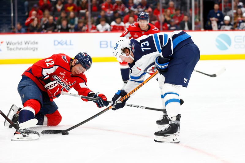 Mar 24, 2024; Washington, District of Columbia, USA; Winnipeg Jets right wing Tyler Toffoli (73) battles for the puck with Washington Capitals defenseman Martin Fehervary (42) during the second period at Capital One Arena. Mandatory Credit: Amber Searls-USA TODAY Sports