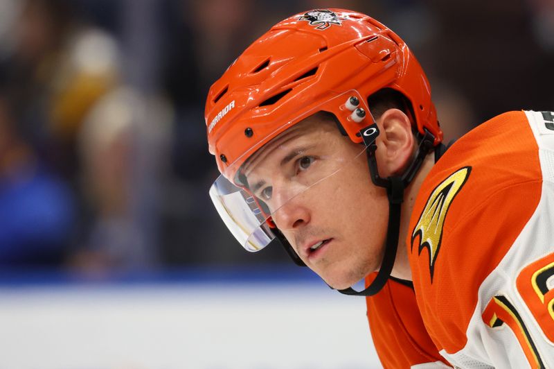 Jan 10, 2026; Buffalo, New York, USA;  Anaheim Ducks center Ryan Strome (16) waits for the face-off during the second period against the Buffalo Sabres at KeyBank Center. Mandatory Credit: Timothy T. Ludwig-Imagn Images
