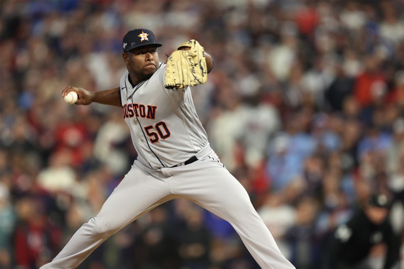 Oct 11, 2023; Minneapolis, Minnesota, USA; Houston Astros relief pitcher Hector Neris (50) pitches in the sixth inning against the Minnesota Twins during game four of the ALDS for the 2023 MLB playoffs at Target Field. Mandatory Credit: Jesse Johnson-USA TODAY Sports