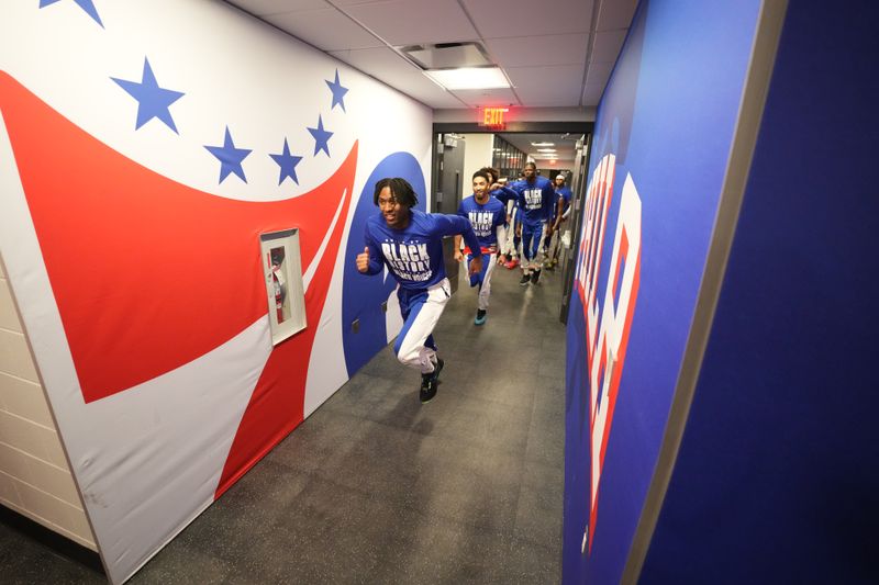 PHILADELPHIA, PA - FEBRUARY 23: Tyrese Maxey #0 of the Philadelphia 76ers before the game against the Cleveland Cavaliers on February 23, 2024 at the Wells Fargo Center in Philadelphia, Pennsylvania NOTE TO USER: User expressly acknowledges and agrees that, by downloading and/or using this Photograph, user is consenting to the terms and conditions of the Getty Images License Agreement. Mandatory Copyright Notice: Copyright 2024 NBAE (Photo by Jesse D. Garrabrant/NBAE via Getty Images)