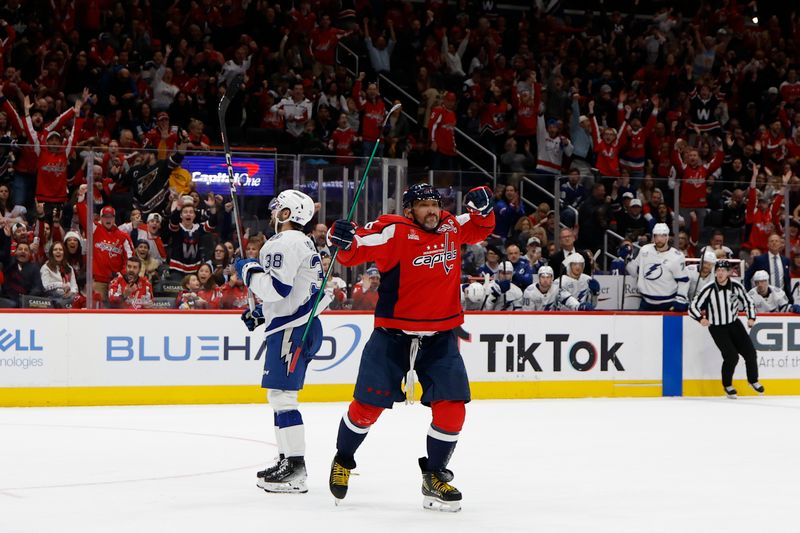 Mar 1, 2025; Washington, District of Columbia, USA; Washington Capitals left wing Alex Ovechkin (8) celebrates after scoring a goal against the Tampa Bay Lightning in the third period at Capital One Arena. Mandatory Credit: Geoff Burke-Imagn Images