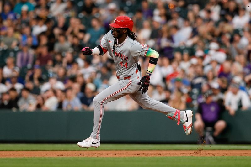 Jun 3, 2024; Denver, Colorado, USA; Cincinnati Reds shortstop Elly De La Cruz (44) runs to second on an RBI double in the third inning against the Colorado Rockies at Coors Field. Mandatory Credit: Isaiah J. Downing-USA TODAY Sports