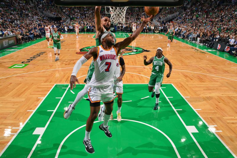 BOSTON, MA - NOVEMBER 6: Buddy Hield #7 of the Golden State Warriors drives to the basket during the game against the Boston Celtics on November 6, 2024 at TD Garden in Boston, Massachusetts. NOTE TO USER: User expressly acknowledges and agrees that, by downloading and/or using this Photograph, user is consenting to the terms and conditions of the Getty Images License Agreement. Mandatory Copyright Notice: Copyright 2024 NBAE (Photo by Jesse D. Garrabrant/NBAE via Getty Images)