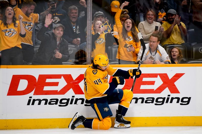 Nov 11, 2023; Nashville, Tennessee, USA; Nashville Predators left wing Kiefer Sherwood (44) celebrates scoring against the Arizona Coyotes during the first period at Bridgestone Arena. Mandatory Credit: Andrew Nelles-USA TODAY Sports