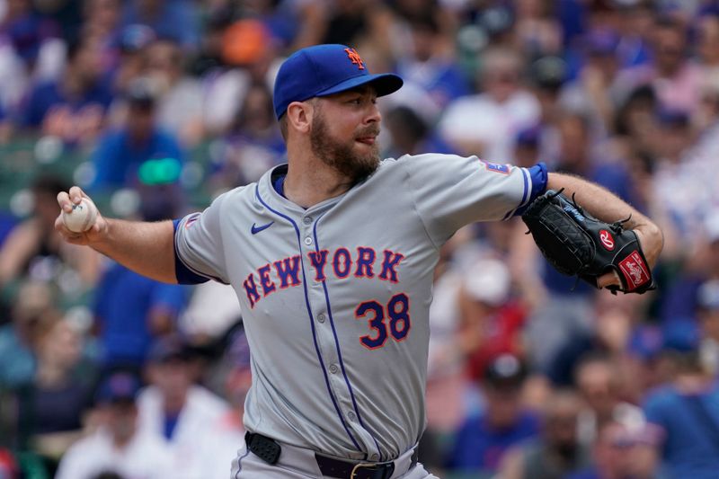 Jun 22, 2024; Chicago, Illinois, USA; New York Mets pitcher Tylor Megill (38) throws the ball against the Chicago Cubs during the first inning at Wrigley Field. Mandatory Credit: David Banks-USA TODAY Sports