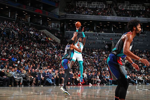 BROOKLYN, NY - NOVEMBER 30: Terry Rozier #3 of the Charlotte Hornets shoots the ball during the game against the Brooklyn Nets on November 30, 2023 at Barclays Center in Brooklyn, New York. NOTE TO USER: User expressly acknowledges and agrees that, by downloading and or using this Photograph, user is consenting to the terms and conditions of the Getty Images License Agreement. Mandatory Copyright Notice: Copyright 2023 NBAE (Photo by David L. Nemec/NBAE via Getty Images)