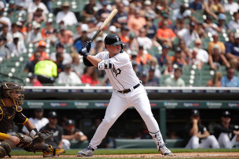 Jul 23, 2023; Detroit, Michigan, USA; Detroit Tigers infielder Spencer Torkelson (20) bats during the first inning of the game against the San Diego Padres at Comerica Park. Mandatory Credit: Brian Bradshaw Sevald-USA TODAY Sports