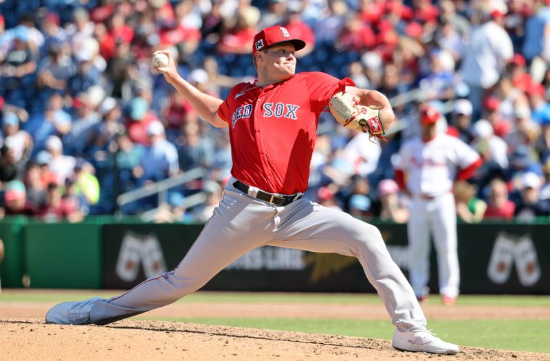 Feb 28, 2025; Clearwater, Florida, USA;  Boston Red Sox pitcher Richard Fitts (80) throws a pitch against the Philadelphia Phillies at BayCare Ballpark. Mandatory Credit: Kim Klement Neitzel-Imagn Images