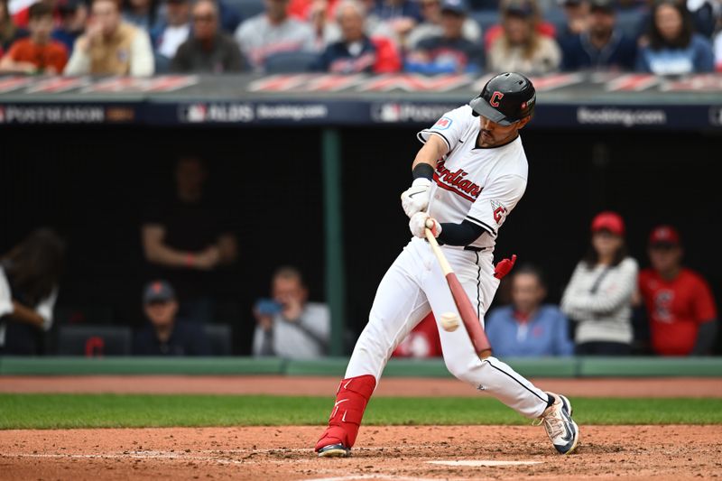 Oct 12, 2024; Cleveland, Ohio, USA; Cleveland Guardians outfielder Steven Kwan (38) in the first half in the fifth inning against the Detroit Tigers  during game five of the ALDS for the 2024 MLB Playoffs at Progressive Field. Mandatory Credit: Ken Blaze-Imagn Images