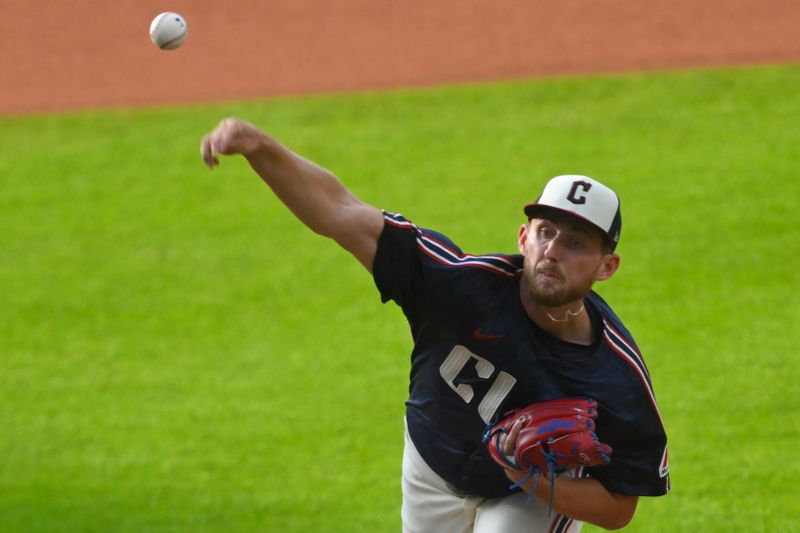 Jul 5, 2024; Cleveland, Ohio, USA; Cleveland Guardians starting pitcher Tanner Bibee (28) delivers a pitch in the first inning against the San Francisco Giants at Progressive Field. Mandatory Credit: David Richard-USA TODAY Sports