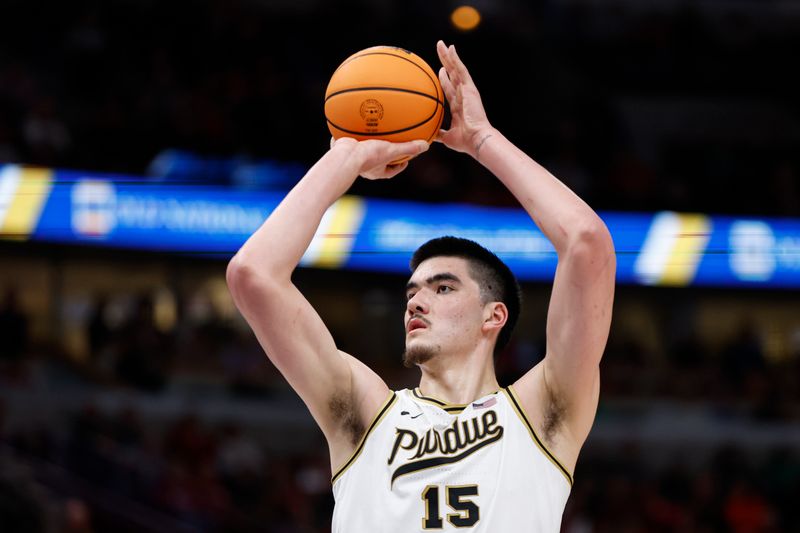Mar 11, 2023; Chicago, IL, USA;  Purdue Boilermakers center Zach Edey (15) shoots a free throw against the Ohio State Buckeyes during the second half at United Center. Mandatory Credit: Kamil Krzaczynski-USA TODAY Sports