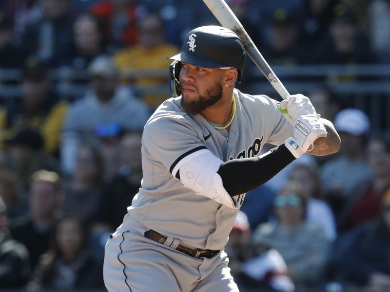 Apr 9, 2023; Pittsburgh, Pennsylvania, USA;  Chicago White Sox third baseman Yoan Moncada (10) at bat against the Pittsburgh Pirates during the ninth inning at PNC Park. The Pirates shutout Chicago 1-0. Mandatory Credit: Charles LeClaire-USA TODAY Sports