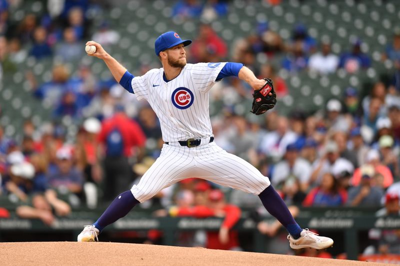 Sep 29, 2024; Chicago, Illinois, USA; Chicago Cubs starting pitcher Caleb Kilian (45) pitches during the first inning against the Cincinnati Reds at Wrigley Field. Mandatory Credit: Patrick Gorski-Imagn Images