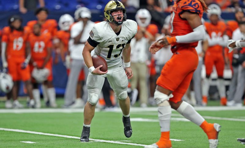 Sep 15, 2023; San Antonio, Texas, USA; Army Black Knights quarterback Bryson Daily (13) celebrates his first down run against the UTSA Roadrunners during the second half at the Alamodome. Mandatory Credit: Danny Wild-USA TODAY Sports