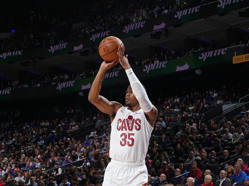 PHILADELPHIA, PA - NOVEMBER 13: Isaac Okoro #35 of the Cleveland Cavaliers shoots a three point basket during the game against the Philadelphia 76ers on November 13, 2024 at the Wells Fargo Center in Philadelphia, Pennsylvania NOTE TO USER: User expressly acknowledges and agrees that, by downloading and/or using this Photograph, user is consenting to the terms and conditions of the Getty Images License Agreement. Mandatory Copyright Notice: Copyright 2024 NBAE (Photo by Jesse D. Garrabrant/NBAE via Getty Images)