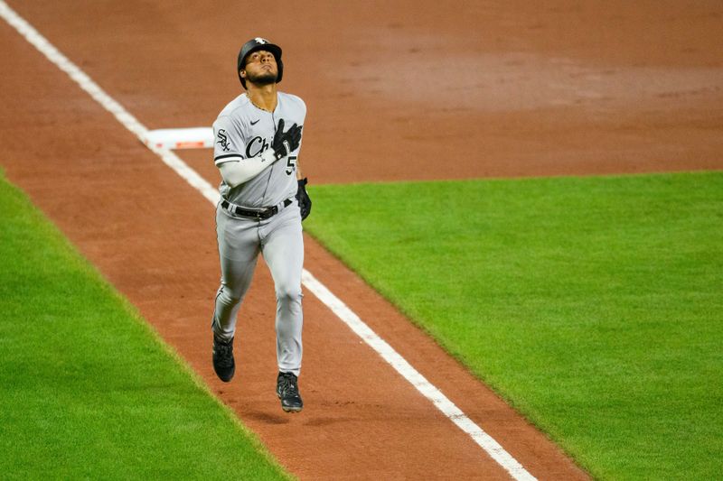 Aug 29, 2023; Baltimore, Maryland, USA; Chicago White Sox second baseman Lenyn Sosa (50) rounds third base after hitting a home run during the third inning against the Baltimore Orioles at Oriole Park at Camden Yards. Mandatory Credit: Reggie Hildred-USA TODAY Sports