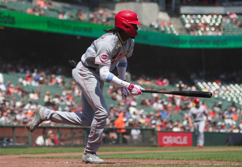 Aug 30, 2023; San Francisco, California, USA; Cincinnati Reds third baseman Elly De La Cruz (44) singles during the sixth inning against the San Francisco Giants at Oracle Park. Mandatory Credit: Sergio Estrada-USA TODAY Sports