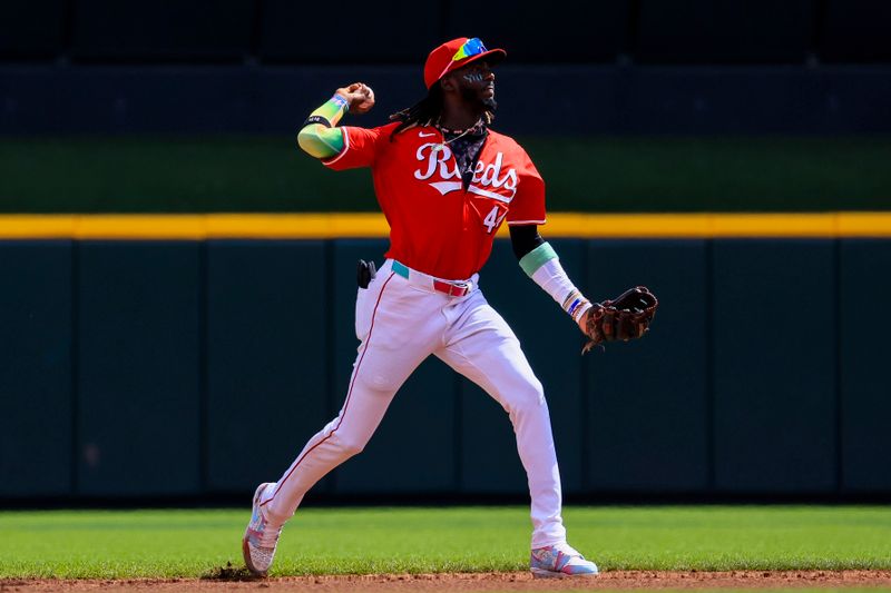 Sep 21, 2024; Cincinnati, Ohio, USA; Cincinnati Reds shortstop Elly De La Cruz (44) throws to first to get Pittsburgh Pirates third baseman Isiah Kiner-Falefa (not pictured) out in the third inning at Great American Ball Park. Mandatory Credit: Katie Stratman-Imagn Images