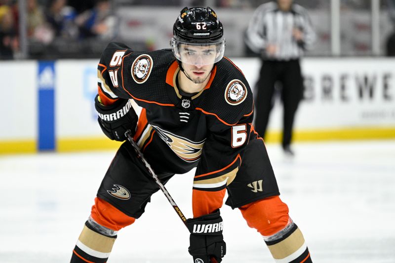 Mar 25, 2023; Anaheim, California, USA; Anaheim Ducks center Nikita Nesterenko (62) looks on during the third period against the St. Louis Blues at Honda Center. Mandatory Credit: Kelvin Kuo-USA TODAY Sports