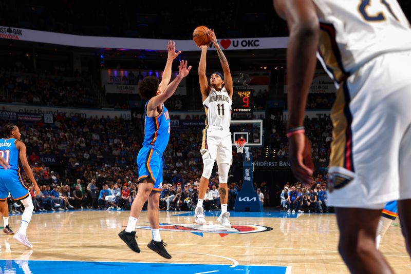 OKLAHOMA CITY, OK - NOVEMBER 13:  Brandon Boston Jr. #11 of the New Orleans Pelicans shoots the ball during the game against the Oklahoma City Thunder on November 13, 2024 at Paycom Center in Oklahoma City, Oklahoma. NOTE TO USER: User expressly acknowledges and agrees that, by downloading and or using this photograph, User is consenting to the terms and conditions of the Getty Images License Agreement. Mandatory Copyright Notice: Copyright 2024 NBAE (Photo by Zach Beeker/NBAE via Getty Images)