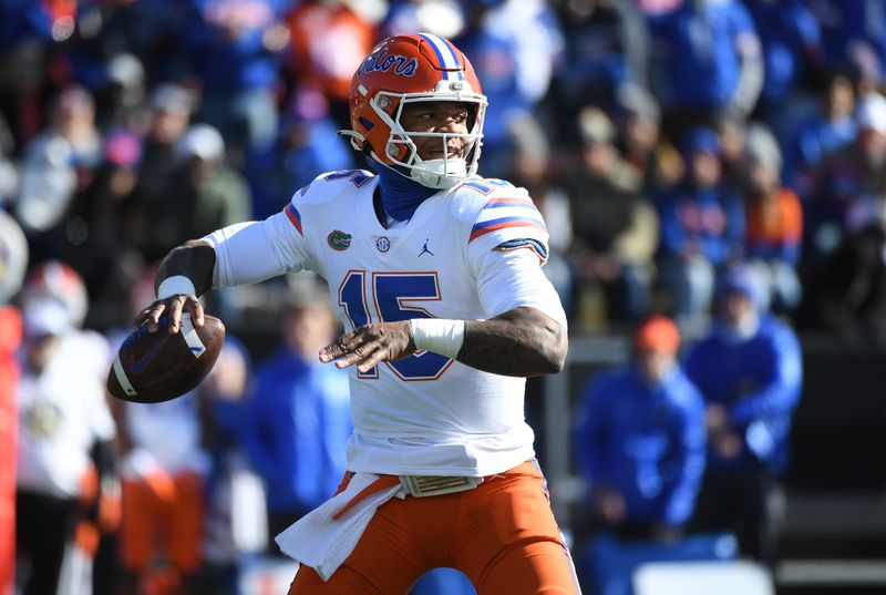 Nov 19, 2022; Nashville, Tennessee, USA; Florida Gators quarterback Anthony Richardson (15) attempts a pass during the first half against the Vanderbilt Commodores at FirstBank Stadium. Mandatory Credit: Christopher Hanewinckel-USA TODAY Sports