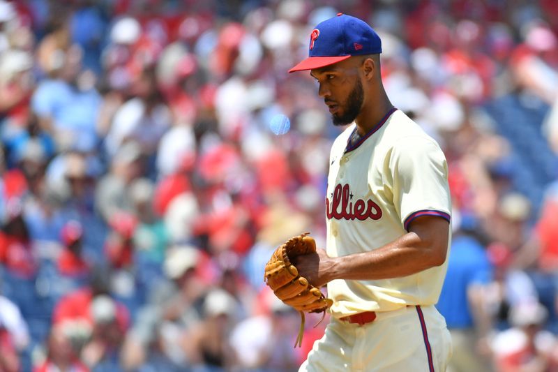 Jun 23, 2024; Philadelphia, Pennsylvania, USA; Philadelphia Phillies pitcher Cristopher Sánchez (61) walks off the field after the fifth inning against the Arizona Diamondbacks at Citizens Bank Park. Mandatory Credit: Eric Hartline-USA TODAY Sports