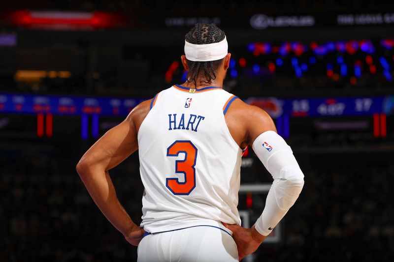 NEW YORK, NY - OCTOBER 13: Josh Hart #3 of the New York Knicks looks on during the game on October 13, 2024 at Madison Square Garden in New York City, New York.  NOTE TO USER: User expressly acknowledges and agrees that, by downloading and or using this photograph, User is consenting to the terms and conditions of the Getty Images License Agreement. Mandatory Copyright Notice: Copyright 2024 NBAE  (Photo by David L. Nemec/NBAE via Getty Images)