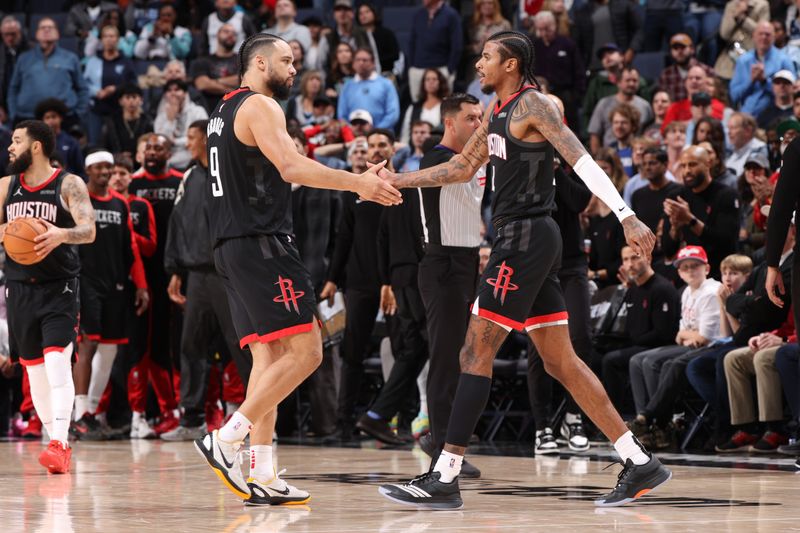 MEMPHIS, TN - JANUARY 30: Dillon Brooks #9 and Jalen Green #4 of the Houston Rockets high five during the game against the Memphis Grizzlies on January 30, 2025 at FedExForum in Memphis, Tennessee. NOTE TO USER: User expressly acknowledges and agrees that, by downloading and or using this photograph, User is consenting to the terms and conditions of the Getty Images License Agreement. Mandatory Copyright Notice: Copyright 2025 NBAE (Photo by Joe Murphy/NBAE via Getty Images)