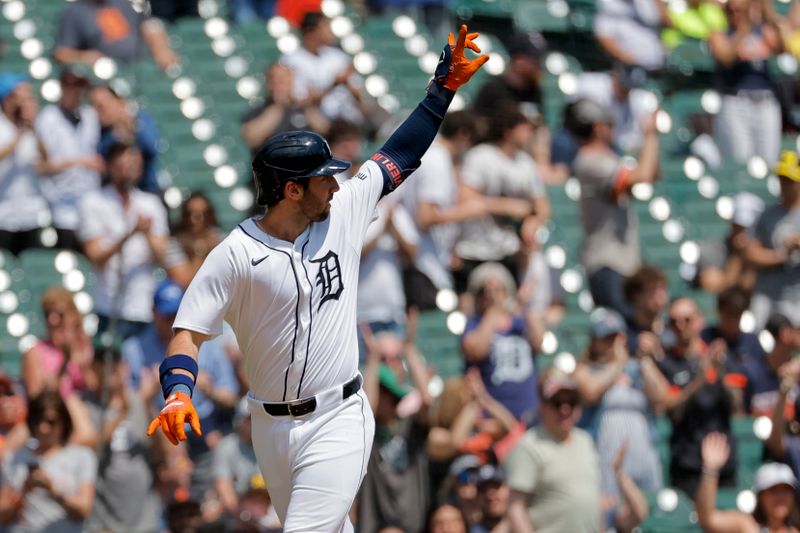 May 1, 2024; Detroit, Michigan, USA; Detroit Tigers center fielder Matt Vierling (8) celebrates after he hits a two run home run in the third inning against the St. Louis Cardinals at Comerica Park. Mandatory Credit: Rick Osentoski-USA TODAY Sports