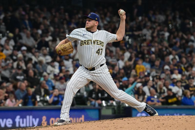 Jun 1, 2024; Milwaukee, Wisconsin, USA; Milwaukee Brewers relief pitcher Jared Koenig (47) throws against the Chicago White Sox in the sixth inning at American Family Field. Mandatory Credit: Benny Sieu-USA TODAY Sports