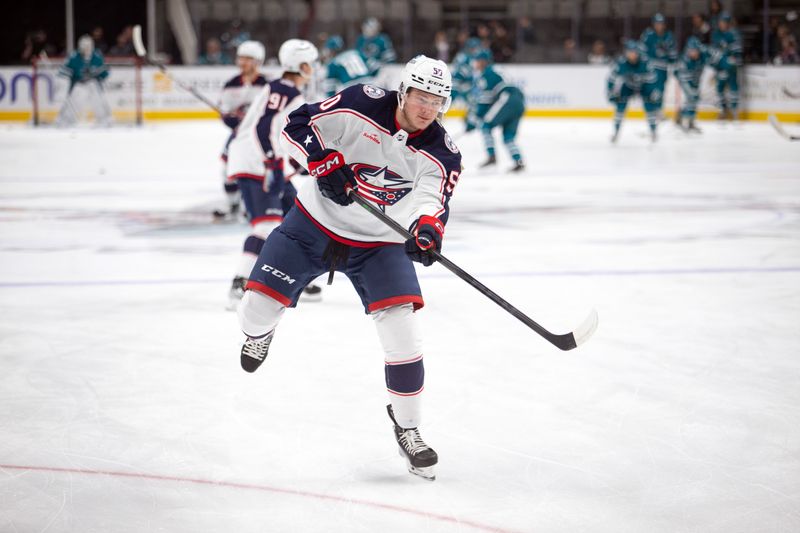 Mar 14, 2023; San Jose, California, USA; Columbus Blue Jackets left winger Eric Robinson (50) warms up before his team takes on the San Jose Sharks at SAP Center at San Jose. Mandatory Credit: D. Ross Cameron-USA TODAY Sports