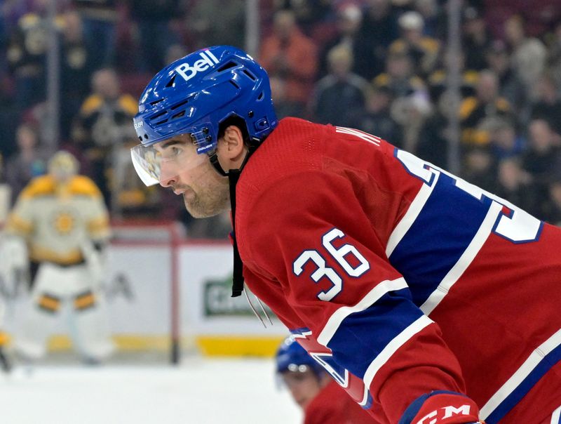 Mar 14, 2024; Montreal, Quebec, CAN; Montreal Canadiens  (36) stretches during the warmup period before the game against the Boston Bruins at the Bell Centre. Mandatory Credit: Eric Bolte-USA TODAY Sports