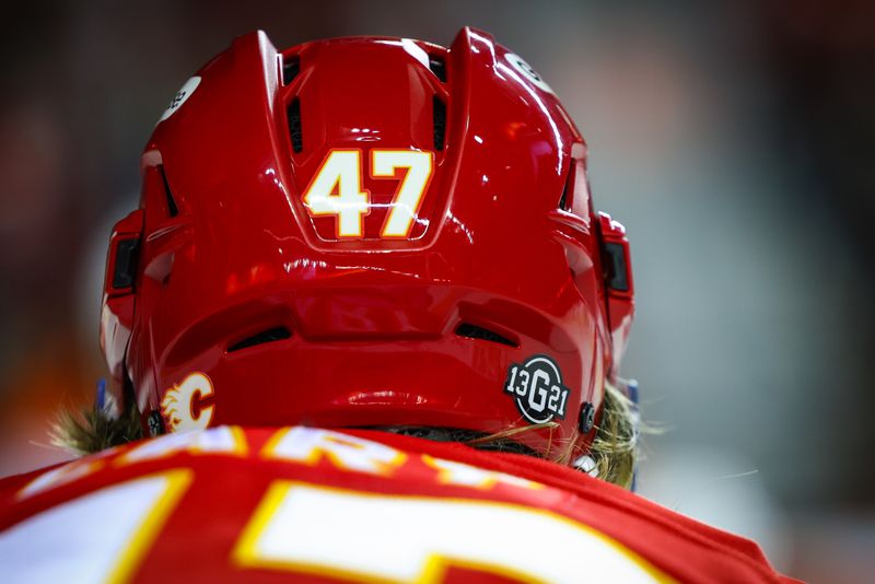 Oct 12, 2024; Calgary, Alberta, CAN; General view of the Calgary Flames center Connor Zary (47) helmet with special helmet decal for Johnny and Matthew Gaudreau during the second period against the Philadelphia Flyers at Scotiabank Saddledome. Mandatory Credit: Sergei Belski-Imagn Images