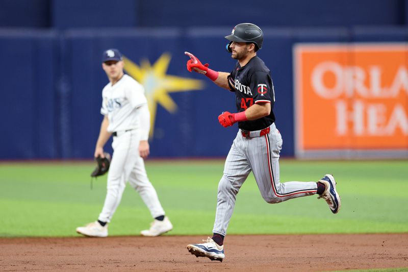 Sep 5, 2024; St. Petersburg, Florida, USA; Minnesota Twins second baseman Edouard Julien (47) runs the bases after hitting a three-run home run against the Tampa Bay Rays in the second inning at Tropicana Field. Mandatory Credit: Nathan Ray Seebeck-Imagn Images