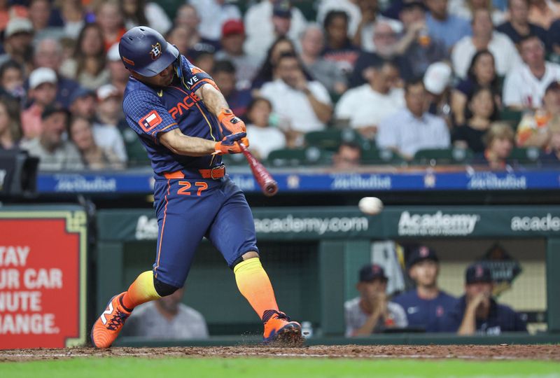 Aug 19, 2024; Houston, Texas, USA; Houston Astros second baseman Jose Altuve (27) hits a single during the fifth inning against the Boston Red Sox at Minute Maid Park. Mandatory Credit: Troy Taormina-USA TODAY Sports