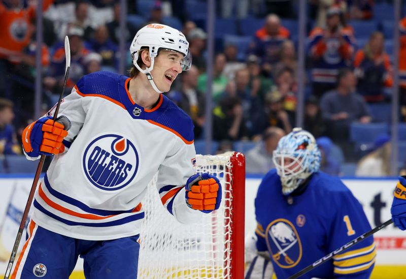 Mar 9, 2024; Buffalo, New York, USA;  Edmonton Oilers center Ryan McLeod (71) celebrates his goal during the first period against the Buffalo Sabres at KeyBank Center. Mandatory Credit: Timothy T. Ludwig-USA TODAY Sports