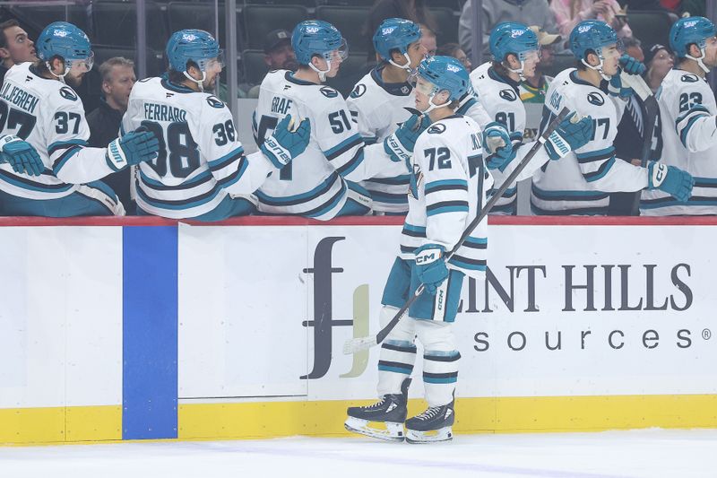 Oct 26, 2025; Saint Paul, Minnesota, USA; San Jose Sharks left wing William Eklund (72) celebrates his goal with teammates during the first period against the Minnesota Wild at Grand Casino Arena. Mandatory Credit: Matt Krohn-Imagn Images