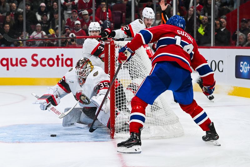 Oct 12, 2024; Montreal, Quebec, CAN; Ottawa Senators goalie Linus Ullmark (35) makes a save against Montreal Canadiens center Nick Suzuki (14) during the third period at Bell Centre. Mandatory Credit: David Kirouac-Imagn Images