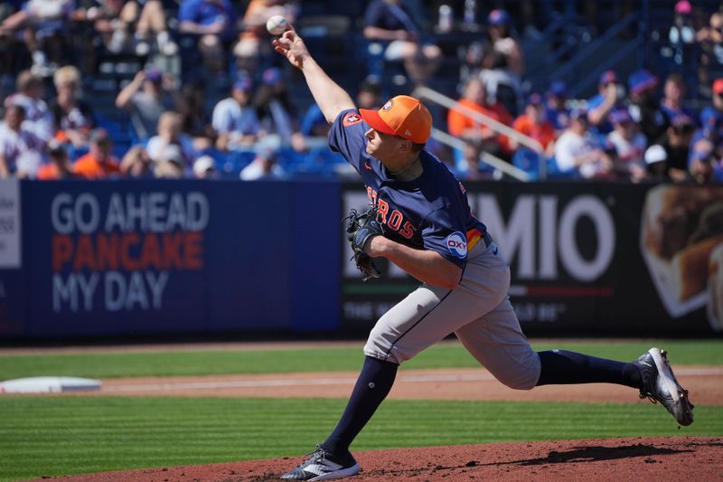 Feb 25, 2024; Port St. Lucie, Florida, USA;  Houston Astros starting pitcher Brandon Bielak (64) pitches in the first inning against the New York Mets at Clover Park. Mandatory Credit: Jim Rassol-USA TODAY Sports