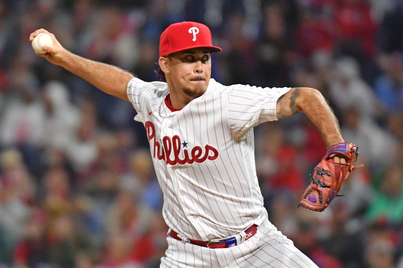 Sep 24, 2023; Philadelphia, Pennsylvania, USA; Philadelphia Phillies relief pitcher Orion Kerkering (50) throws a pitch during the eighth inning against the New York Mets at Citizens Bank Park. Mandatory Credit: Eric Hartline-USA TODAY Sports