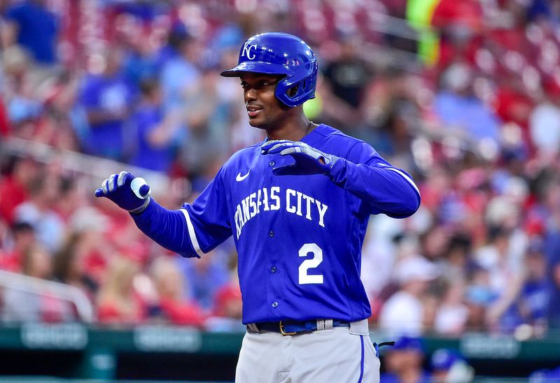 Apr 12, 2022; St. Louis, Missouri, USA;  Kansas City Royals center fielder Michael A. Taylor (2) reacts after hitting a two run home run against the St. Louis Cardinals during the second inning at Busch Stadium. Mandatory Credit: Jeff Curry-USA TODAY Sports