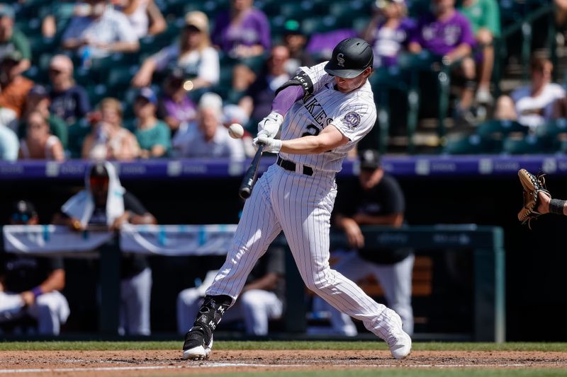 Aug 20, 2023; Denver, Colorado, USA; Colorado Rockies third baseman Ryan McMahon (24) hits a single in the fifth inning against the Chicago White Sox at Coors Field. Mandatory Credit: Isaiah J. Downing-USA TODAY Sports