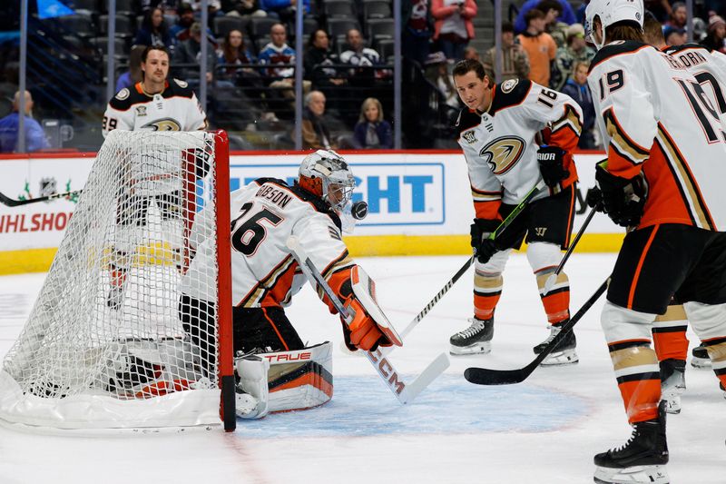 Dec 5, 2023; Denver, Colorado, USA; Anaheim Ducks goaltender John Gibson (36) with center Ryan Strome (16) and left wing Alex Killorn (17) and right wing Troy Terry (19) before the game against the Colorado Avalanche at Ball Arena. Mandatory Credit: Isaiah J. Downing-USA TODAY Sports