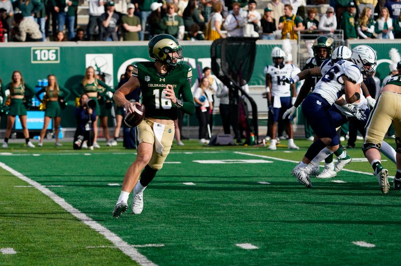 Nov 18, 2023; Fort Collins, Colorado, USA;  Colorado State Rams quarterback Brayden Fowler-Nicolosi (16) looks for and open receiver in the second quarter at Sonny Lubick Field at Canvas Stadium. Mandatory Credit: Michael Madrid-USA TODAY Sports