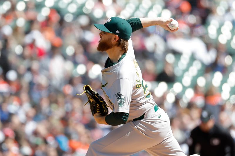 Apr 6, 2024; Detroit, Michigan, USA;  Oakland Athletics starting pitcher Paul Blackburn (58) throws against the Detroit Tigers in the first inning at Comerica Park. Mandatory Credit: Rick Osentoski-USA TODAY Sports