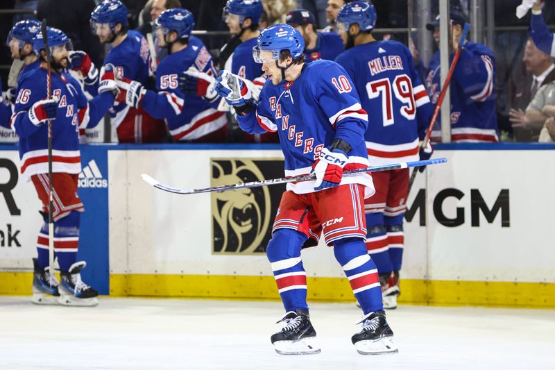 May 5, 2024; New York, New York, USA; New York Rangers left wing Artemi Panarin (10) celebrates after scoring a goal in the third period against the Carolina Hurricanes in game one of the second round of the 2024 Stanley Cup Playoffs at Madison Square Garden. Mandatory Credit: Wendell Cruz-USA TODAY Sports