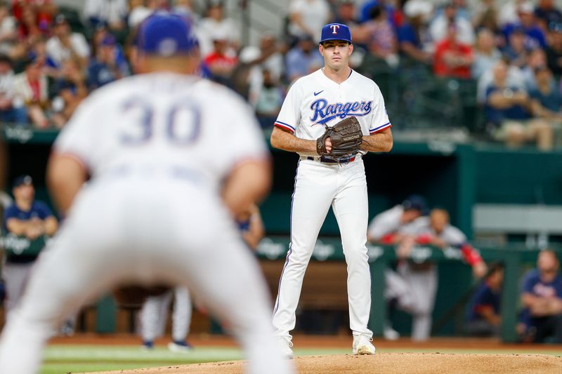 May 15, 2023; Arlington, Texas, USA; Texas Rangers pitcher Cody Bradford (61) checks at first base prior to throwing his pitch during the first inning against the Atlanta Braves at Globe Life Field. Mandatory Credit: Andrew Dieb-USA TODAY Sports