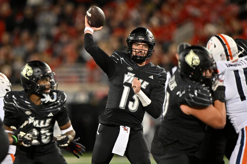 Nov 9, 2023; Louisville, Kentucky, USA; Louisville Cardinals quarterback Jack Plummer (13) looks to pass against the Virginia Cavaliers during the second half at L&N Federal Credit Union Stadium. Louisville defeated Virginia 31-24. Mandatory Credit: Jamie Rhodes-USA TODAY Sports